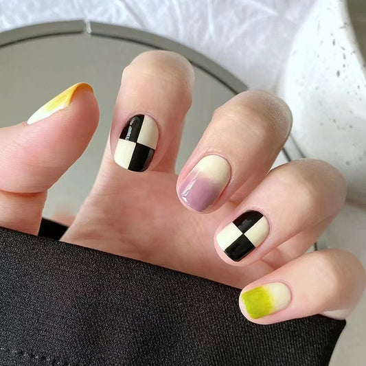 Modern Art Short Squoval Dual-Tone Nail Set with Abstract Geometric Design