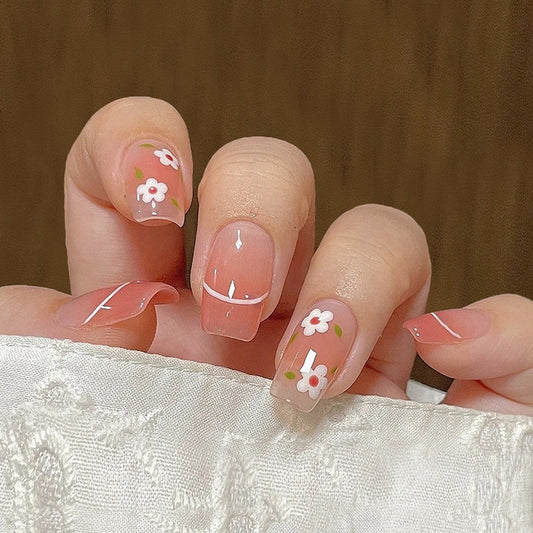 Spring Blossom Medium Square Peach Press-On Nail Set with Delicate Floral Accents