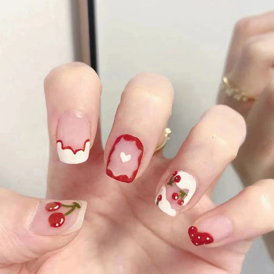 Summer Picnic Short Square Transparent Press On Nails with Cherry and Heart Designs