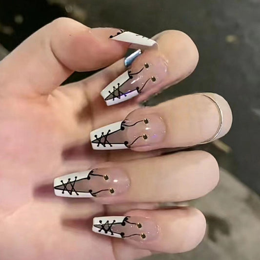 Avant-Garde Long Coffin White Press On Nails with Black Stitching and Gold Accents