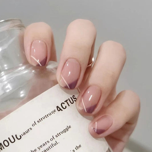 Sophisticated Study Short Squoval Beige Press On Nails with Geometric Lilac Tips