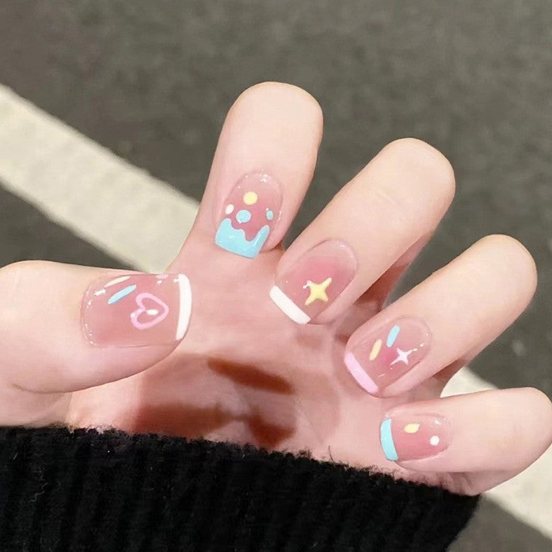 Sweet Dreams Short Square Clear Press On Nails with Pastel Accents and Dreamy Sky Motifs