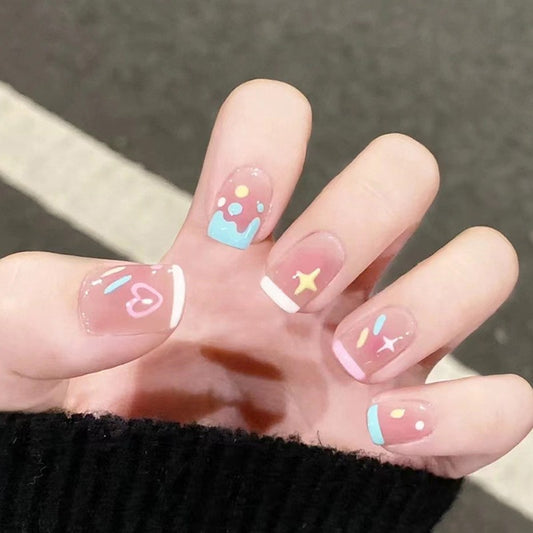 Sweet Dreams Short Square Clear Press On Nails with Pastel Accents and Dreamy Sky Motifs