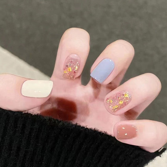 Glittering Gala Medium Square Multicolor Press On Nails with Sparkling Accents and Pastel Tones