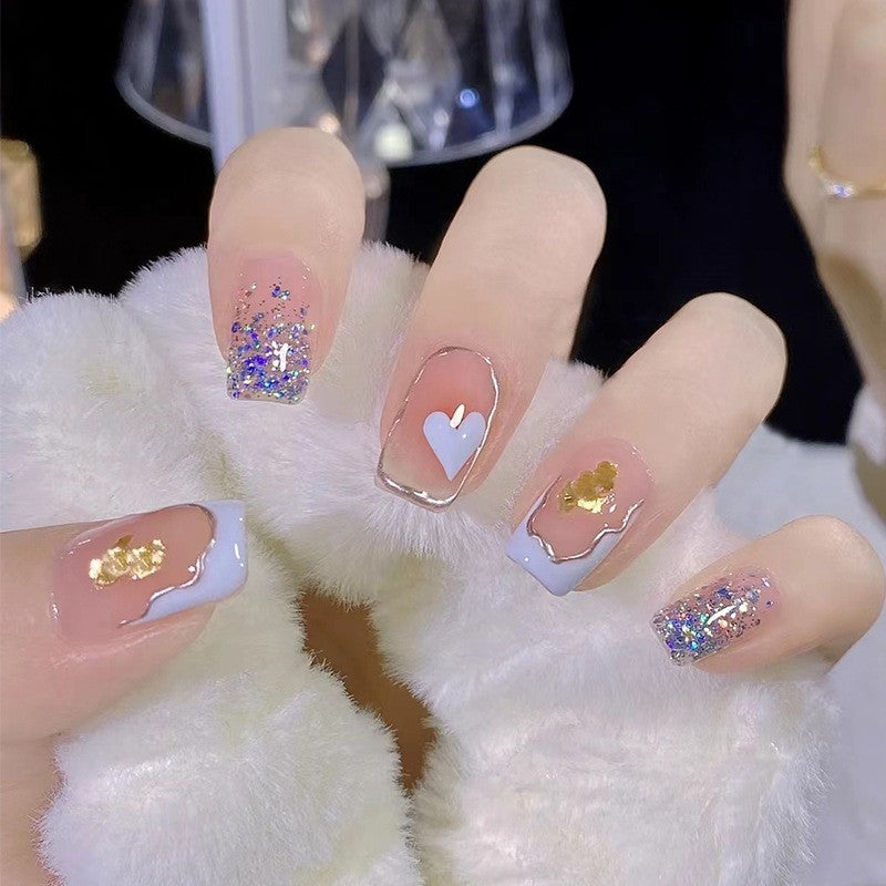 Enchanted Evening Medium Length Square Baby Pink Press On Nails with Glitter, Gold Flakes, and Heart Detailing