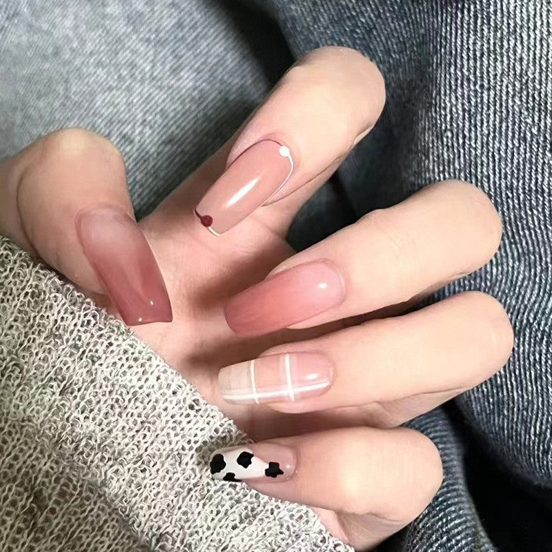 Urban Chic Extra Long Coffin Press On Nails in Beige with Plaid and Polka Dot Accents