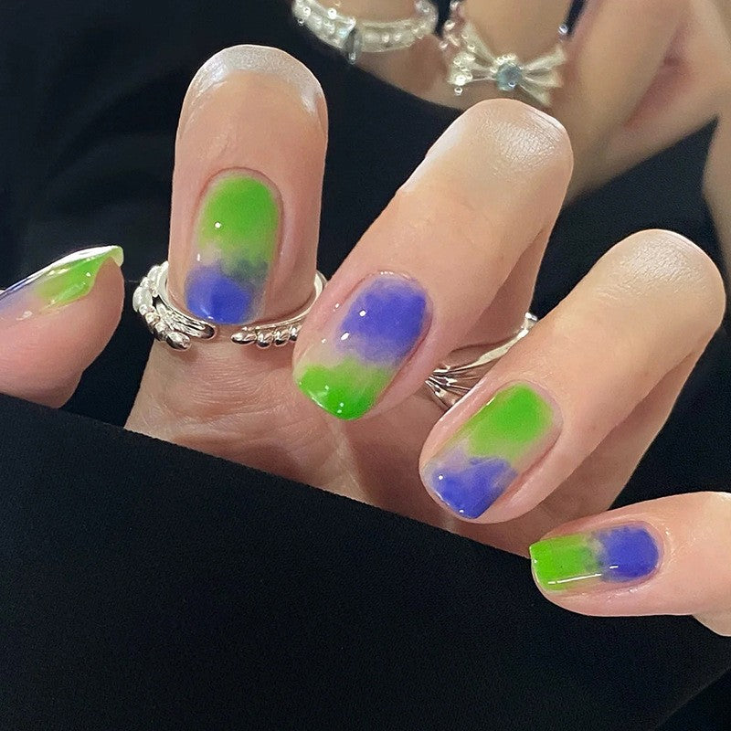 Mystic Glow Medium Squoval Press On Nails in Neon Green and Purple with Ombre Effect