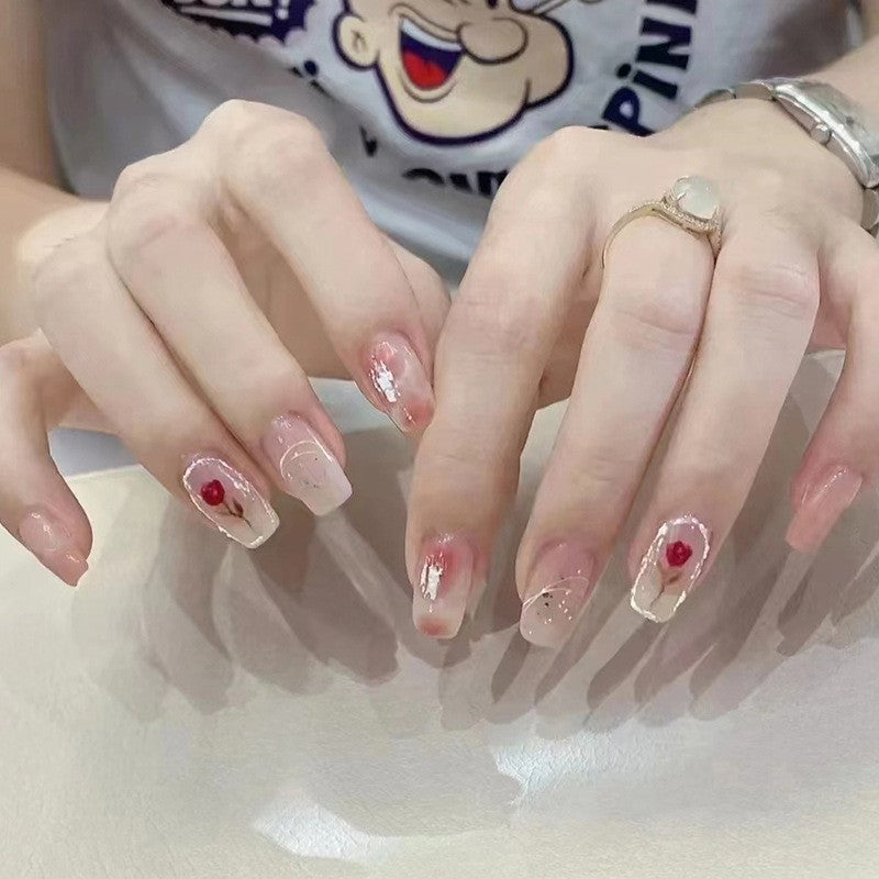Elegant Charm Medium Square Press On Nails in Sheer Pink with Red Gemstone Accents and Delicate White Detailing