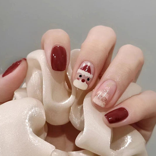 Festive Cheer Short Square Press On Nails in Deep Burgundy with Sparkling Glitter and Cute Santa Accent