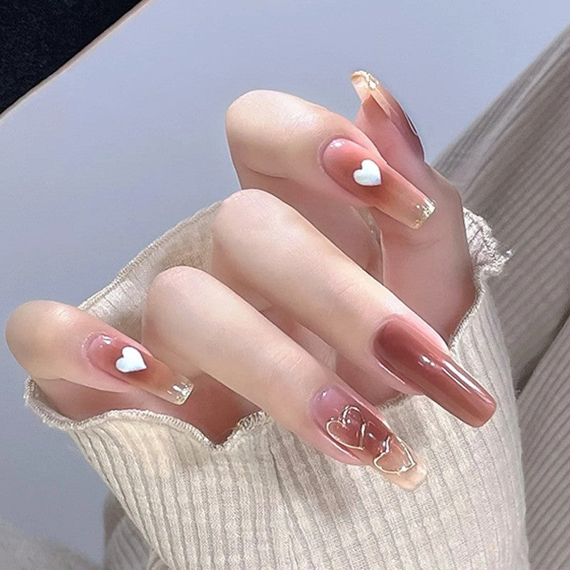 Sweetheart Shine Long Coffin Press On Nails in Glossy Beige with White Heart Accents and Glitter Detailing