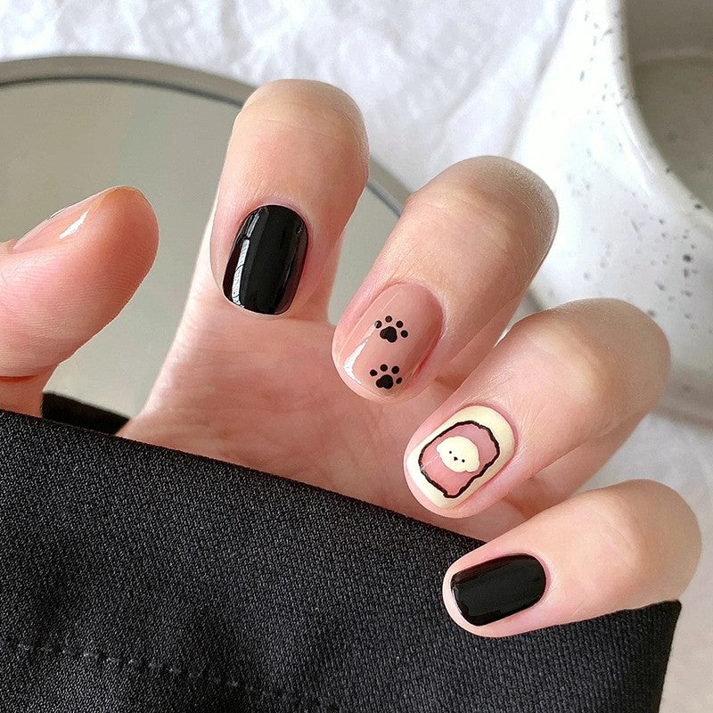 Chic Pet Love Short Round Press On Nails in Classic Black and Beige with Paw Print and Cute Character Accents