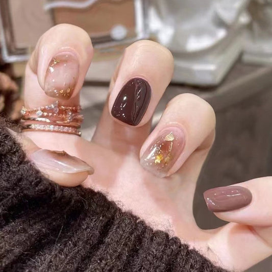 Autumn Elegance Medium Square Press On Nails in Chocolate Brown and Sheer Beige with Gold Flake Accents