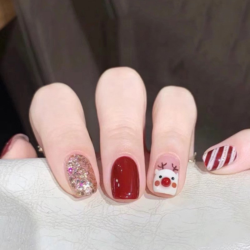 Holiday Sparkle Short Square Press On Nails in Classic Red and Glitter with Adorable Reindeer Design