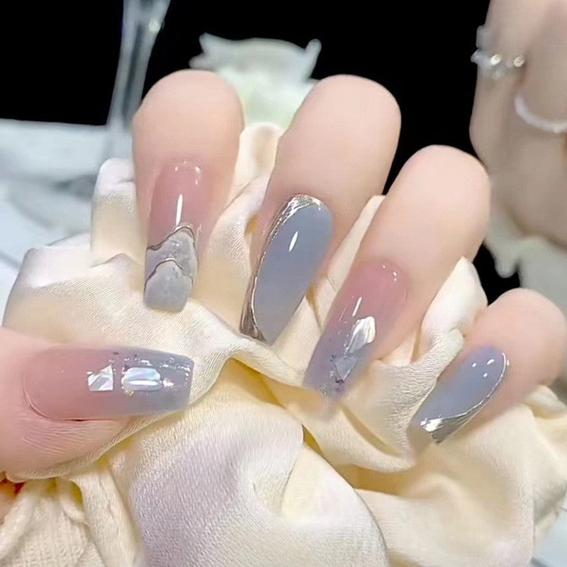 Modern Chic Long Coffin Press On Nails in Gradient Grey with Glossy Finish and Silver Glitter Accent