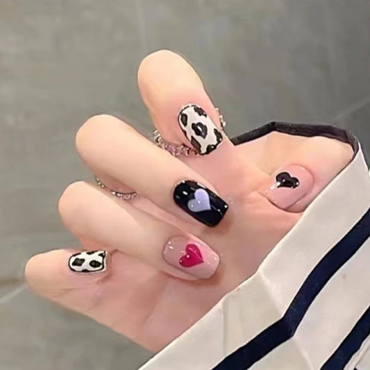 Playful Pooch Medium Square Press On Nails in Classic Black and Beige with Heart and Paw Print Designs