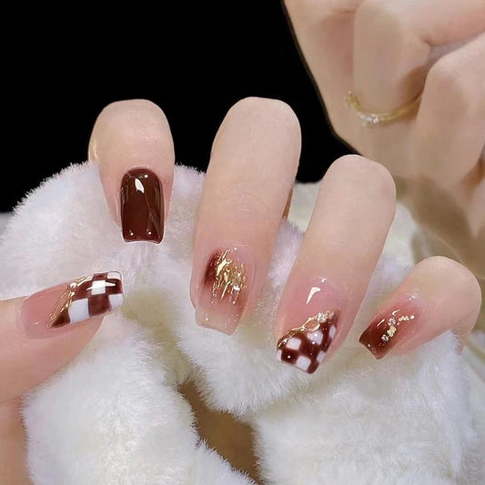 Velvet Chocolate Medium Square Press On Nails in Rich Brown with Gold Foil Flakes and Plaid Accents