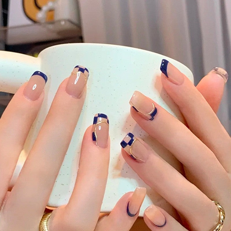 Nautical Navy Medium Square Press On Nails in Sheer Beige with Deep Blue Tips and Line Accents