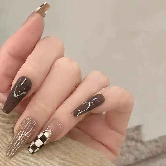 Chic Espresso Long Coffin Press On Nails in Dark Brown with Gold Glitter and Checkerboard Detail
