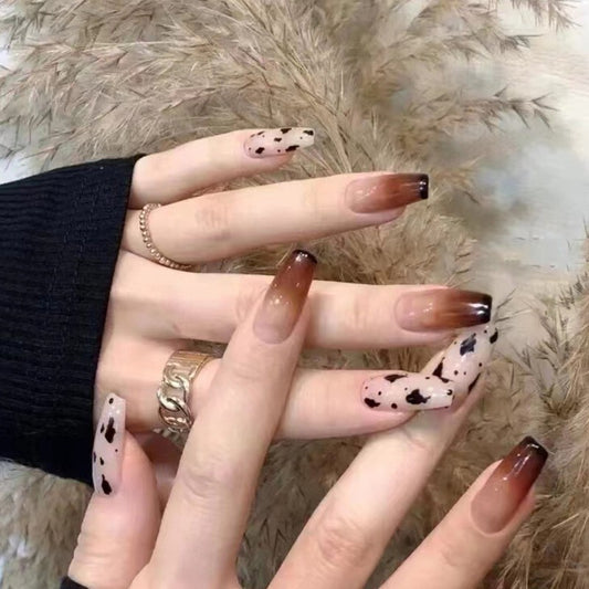 Bohemian Long Coffin Brown Ombre Press-On Nails with Black Speckled Accent