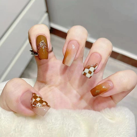 Autumn Elegance Medium Coffin Caramel Brown Press-On Nails with Checkerboard and Glitter Accents