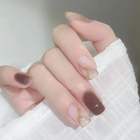 Bridal Bliss Medium Square Beige Press-On Nails with Subtle Glitter Gradient and Mocha Accents