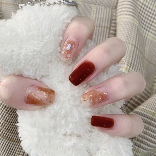 Cozy Autumn Medium Square Burgundy and Beige Press-On Nails with Gold Glitter Accents