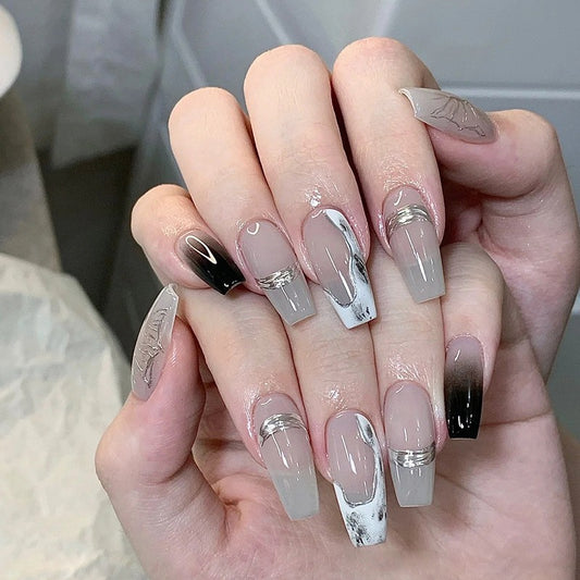 Modern Artistry Long Coffin Greyscale Ombre Press-On Nails with Silver Foil Accents