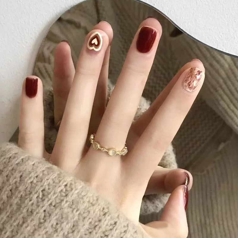Sophisticated Rouge Short Square Maroon Press-On Nails with Gold Foil Art and Marble Accent