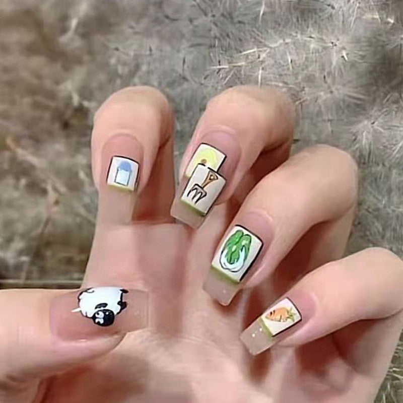 Playful Pastel Long Square Multicolor Press-On Nails with Quirky Doodle Art Design