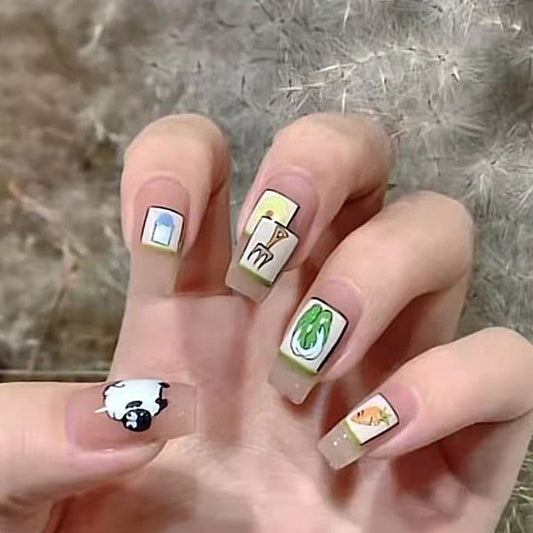 Playful Pastel Long Square Multicolor Press-On Nails with Quirky Doodle Art Design