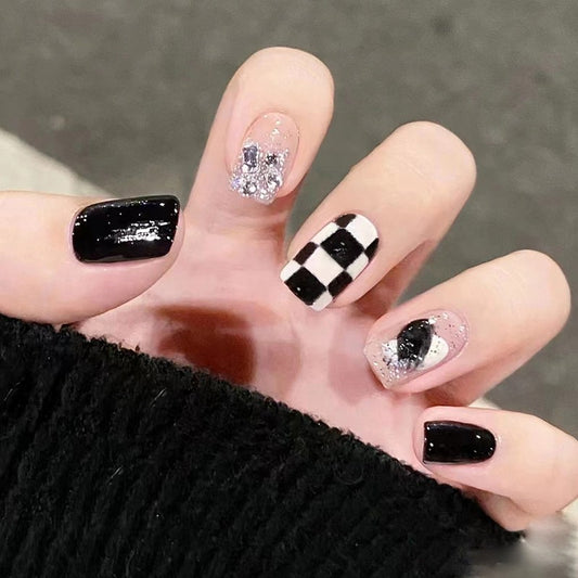 Monochrome Magic Medium Square Black and White Press-On Nails with Checkerboard and Glitter Accents