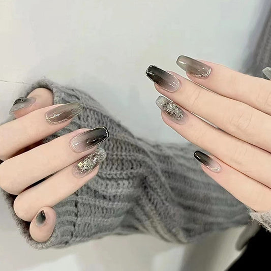Winter Shimmer Medium Coffin Smokey Grey Press-On Nails with Silver Glitter Ombre Accents