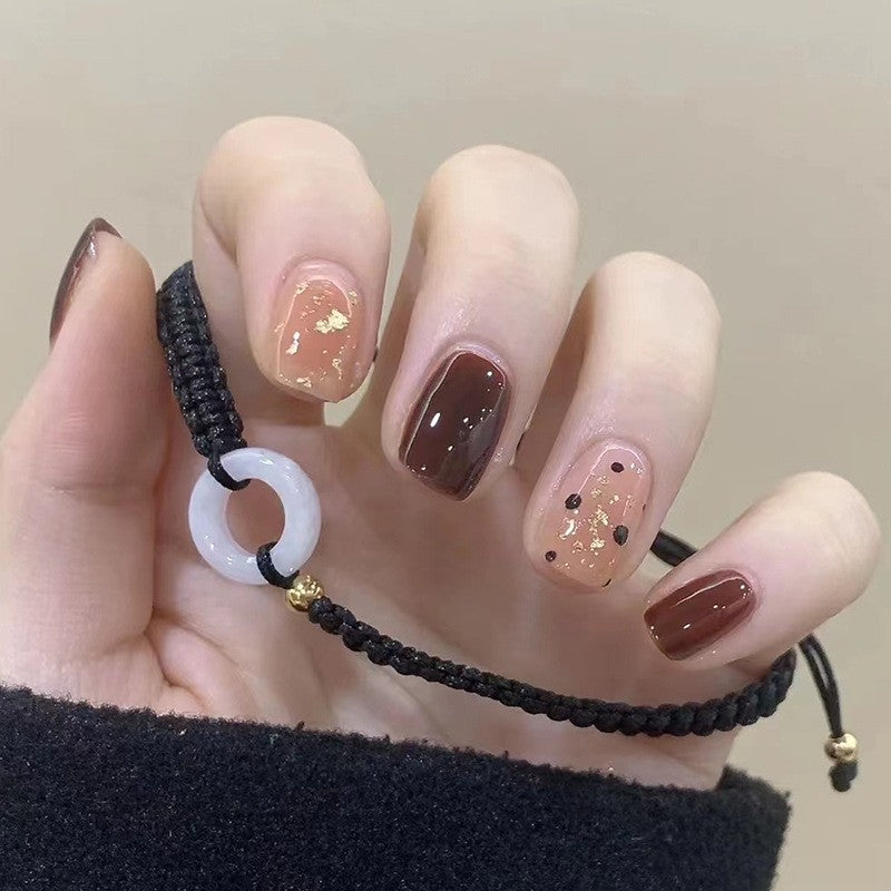 Gilded Cocoa Short Square Chocolate Brown Press-On Nails with Rose Gold Flake Accents