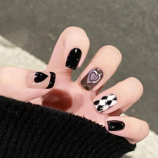Love Struck Short Square Black and Mauve Press-On Nails with Heart and Checkerboard Patterns