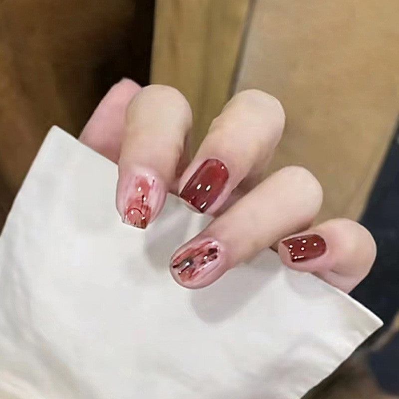 Wine and Dine Short Square Burgundy Press-On Nails with Marbled Art and Glitter Detail