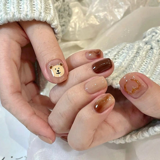Cozy Critter Short Squoval Caramel and Glossy Mocha Press-On Nails with Adorable Bear Design and Glitter Accents