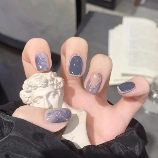 Mystic Muse Medium Square Slate Blue Press-On Nails with Marble and Metallic Accents