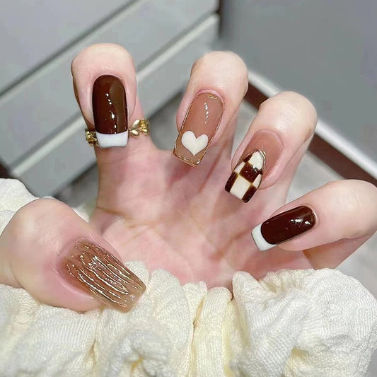 Love Latte Medium Coffin Chocolate and Beige Press-On Nails with Heart and Checkerboard Design