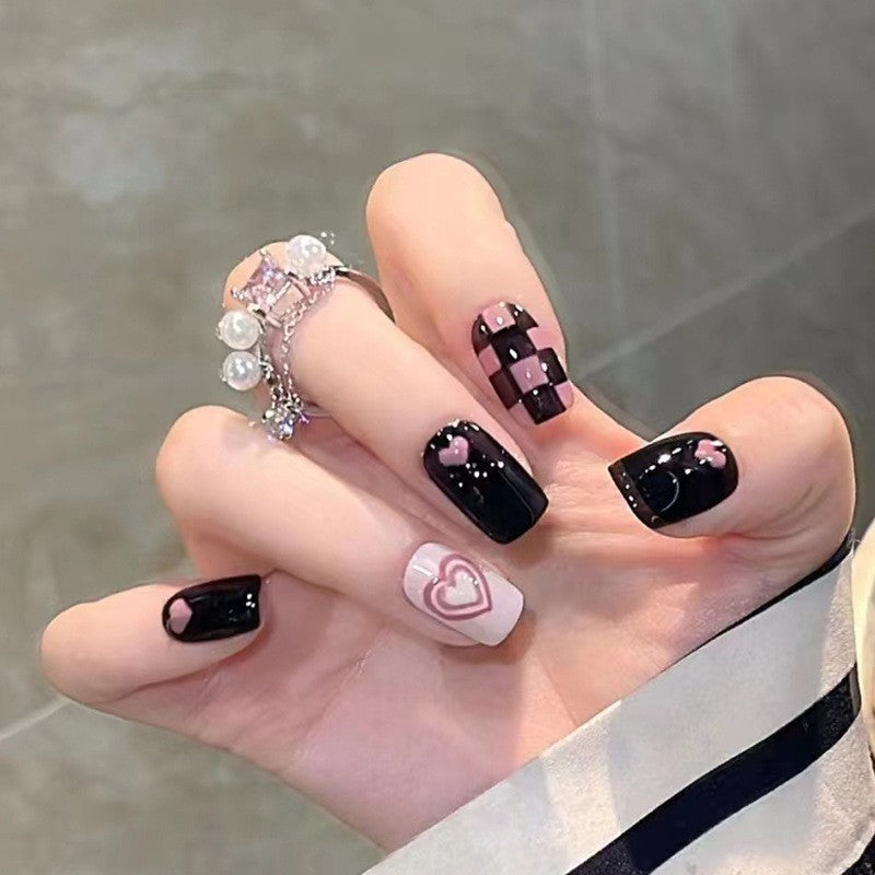Romantic Night Medium Square Black and Blush Pink Press-On Nails with Heart and Checkered Patterns