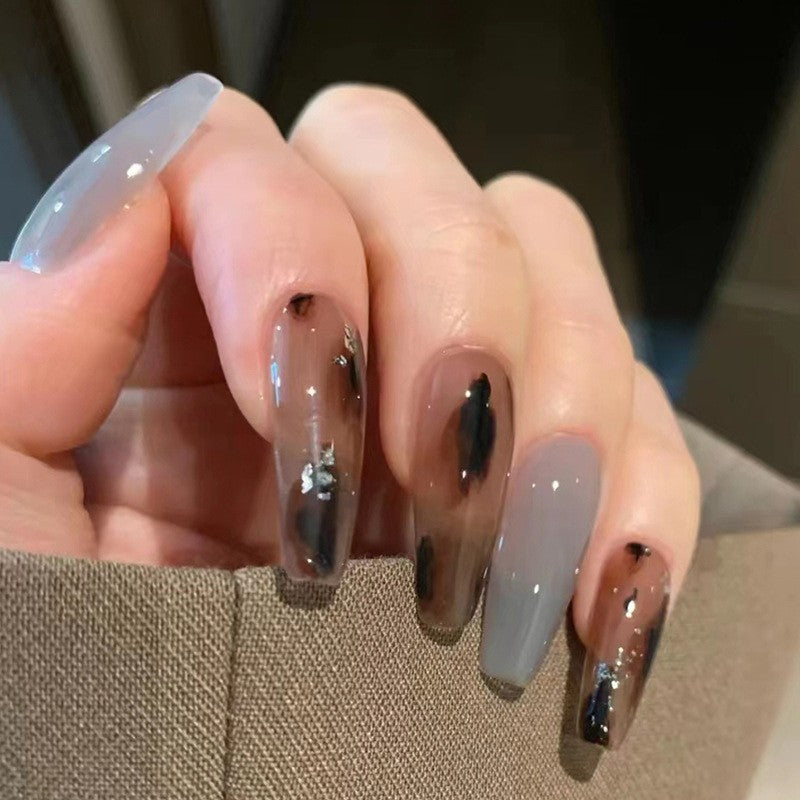 Sleek Espresso Long Coffin Coffee Brown Press-On Nails with Silver Glitter Accents