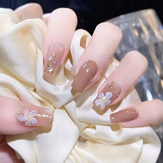 Spring Blossom Long Coffin Mocha Press-On Nails with 3D Flower Appliques and Crystal Embellishments