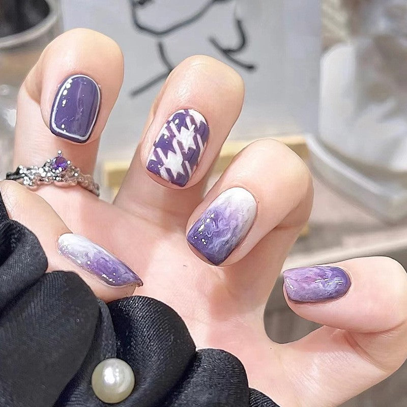 Lavender Dream Medium Square Purple Press-On Nails with Marbled Effect and Houndstooth Pattern