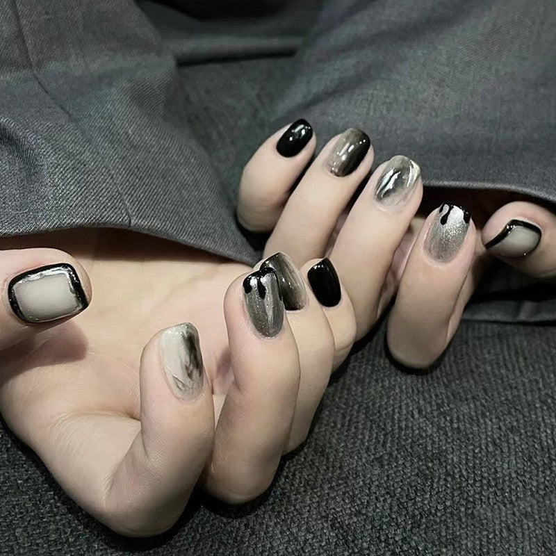 Executive Charcoal Medium Square Onyx and Marble Press-On Nails with Silver Chrome Accents