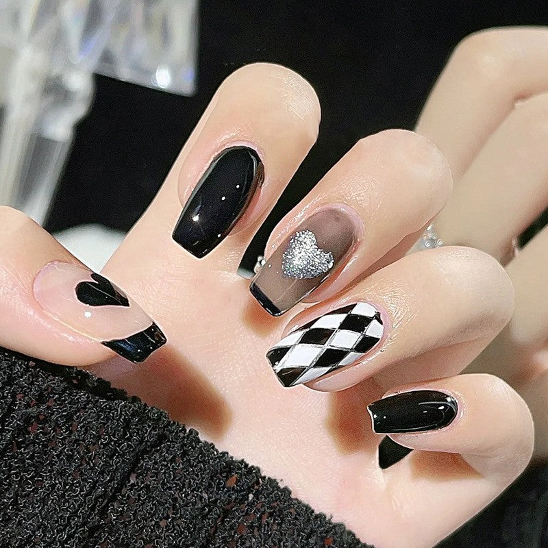 Evening Glamour Long Coffin Jet Black Press-On Nails with Silver Glitter and Checkered Pattern Accents