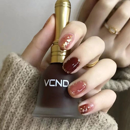 Autumn Sparkle Short Square Burgundy Press-On Nails with Gold Flake Overlay