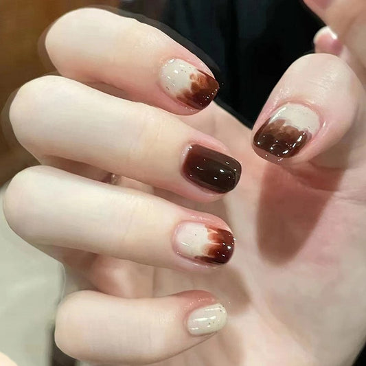 Espresso Delight Medium Squoval Chocolate and Cappuccino Ombre Press-On Nails with Marbled Accent
