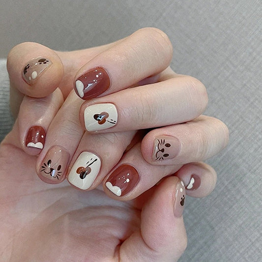 Playful Animal Motifs Short Square Natural Tone Press-On Nails with Adorable Character Accents