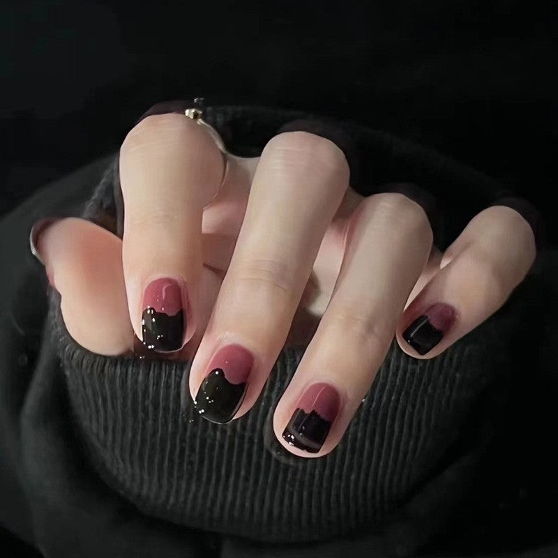 Chic Evening Elegance Short Square Burgundy and Black Press-On Nails with Glossy Finish and Glitter Accents