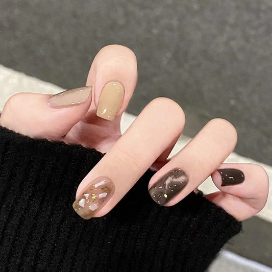 Modern Mocha Medium Square Press-On Nails with Translucent Detailing and Gold Flake Accents