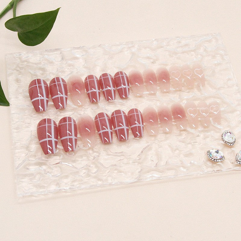 Valentines Day Long Coffin Burgundy Grid Pattern Press On Nail Set